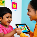 **Image Prompt:** A friendly speech therapist in a brightly colored clinic, playing a word game on a tablet with a Malay child. The clinic has posters in Bahasa Melayu promoting clear communication. Focus on the child's happy expression and the therapist's encouraging smile.