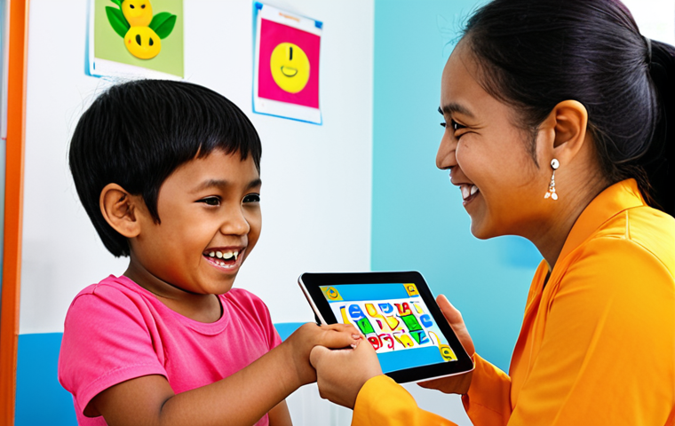 **Image Prompt:** A friendly speech therapist in a brightly colored clinic, playing a word game on a tablet with a Malay child. The clinic has posters in Bahasa Melayu promoting clear communication. Focus on the child's happy expression and the therapist's encouraging smile.