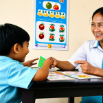 **

"A young Malaysian boy, approximately 8 years old, sitting at a table with a female speech therapist. The boy is smiling and pointing at a picture card with a local Malaysian fruit (e.g., mangosteen or rambutan). The therapist is smiling encouragingly. They are in a brightly lit, child-friendly clinic room with posters of the Malaysian alphabet and numbers on the walls. fully clothed, appropriate attire, safe for work, perfect anatomy, natural proportions, professional photography, high quality, family-friendly"

**
