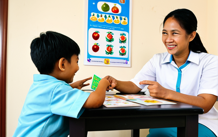 **
"A young Malaysian boy, approximately 8 years old, sitting at a table with a female speech therapist. The boy is smiling and pointing at a picture card with a local Malaysian fruit (e.g., mangosteen or rambutan). The therapist is smiling encouragingly. They are in a brightly lit, child-friendly clinic room with posters of the Malaysian alphabet and numbers on the walls. fully clothed, appropriate attire, safe for work, perfect anatomy, natural proportions, professional photography, high quality, family-friendly"
**