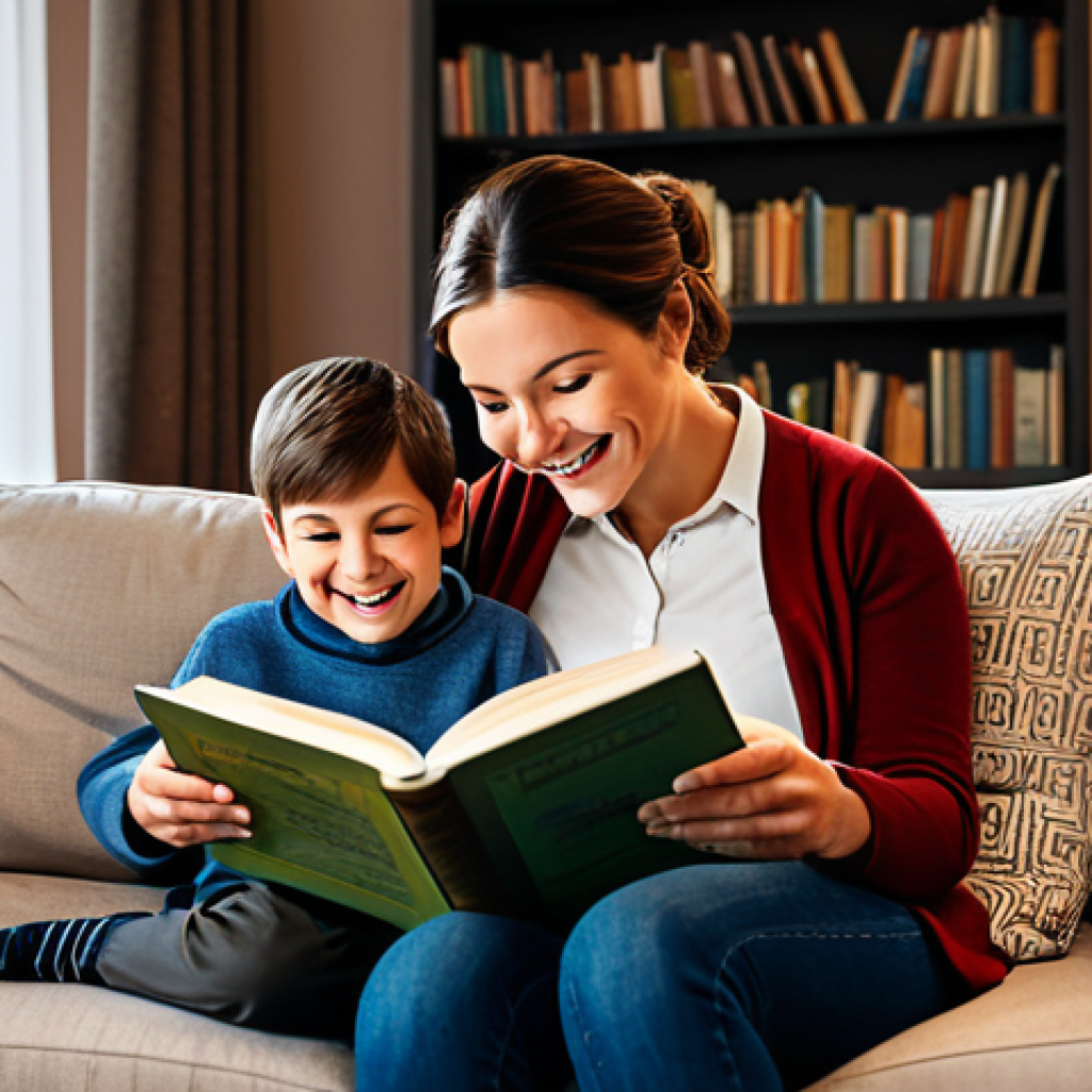 **

A family-friendly scene of a mother reading a book to her fully clothed child in a cozy living room. The room has comfortable furniture, warm lighting, and bookshelves. Both are smiling. Appropriate attire, safe for work, perfect anatomy, correct proportions, professional illustration, high quality, modest.

**