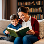 **

A family-friendly scene of a mother reading a book to her fully clothed child in a cozy living room. The room has comfortable furniture, warm lighting, and bookshelves. Both are smiling. Appropriate attire, safe for work, perfect anatomy, correct proportions, professional illustration, high quality, modest.

**