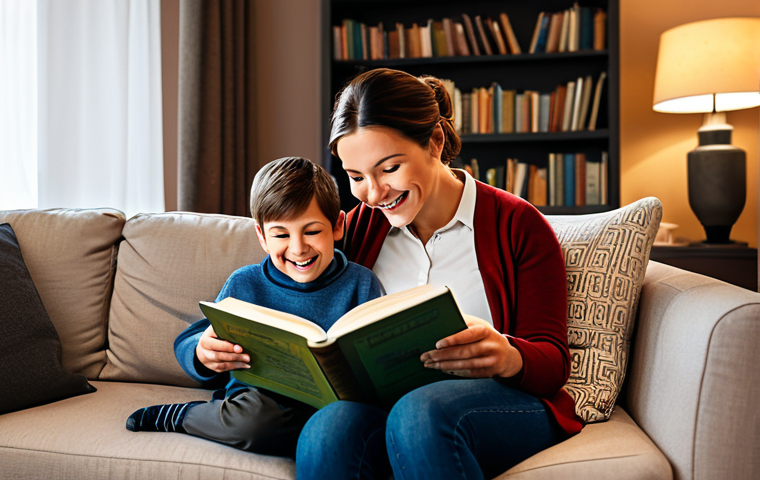 **
A family-friendly scene of a mother reading a book to her fully clothed child in a cozy living room. The room has comfortable furniture, warm lighting, and bookshelves. Both are smiling. Appropriate attire, safe for work, perfect anatomy, correct proportions, professional illustration, high quality, modest.
**